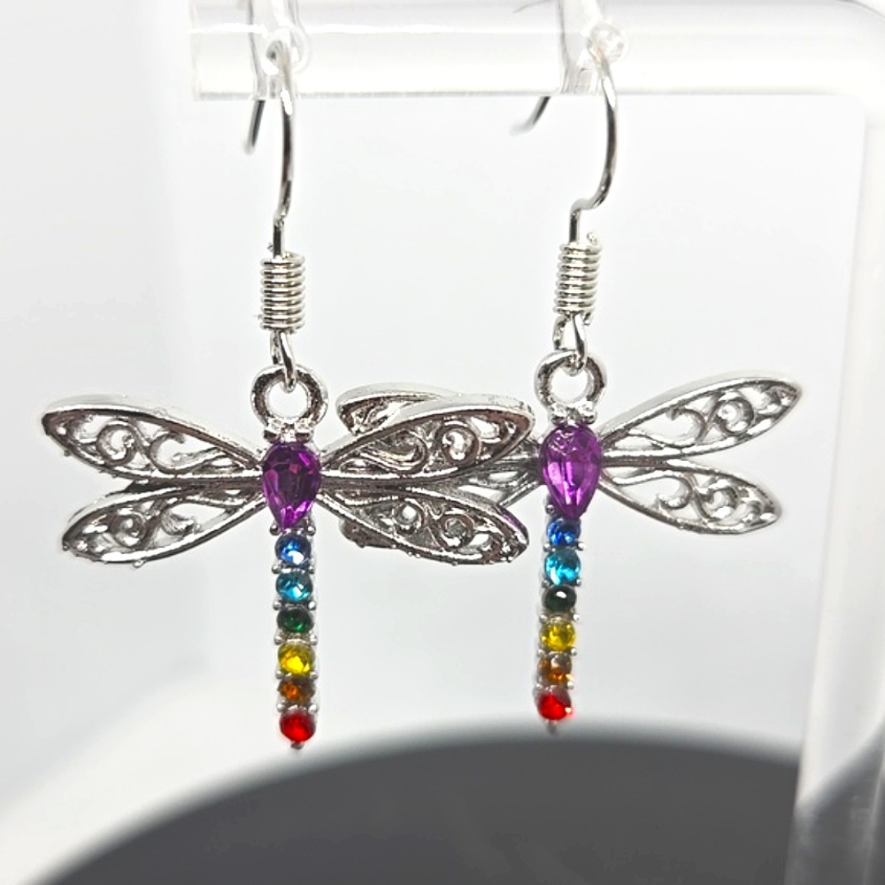 Silver Dragonfly Earrings with Multicolor Rhineatone Accent NEW